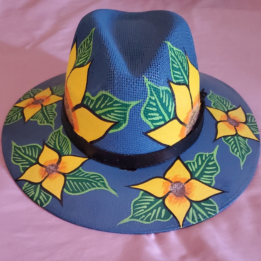 Blue Hat with Yellow Floral Design